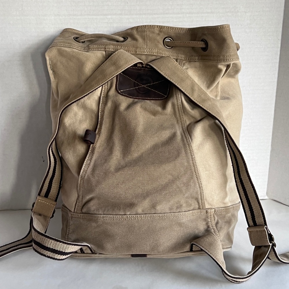 Life is Good Canvas Bucket Backpack Khaki Cotton Leather Trim Drawstring Bag - Picture 4 of 16